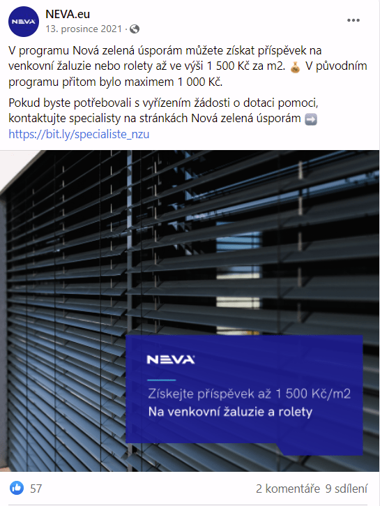 Printscreen facebookového příspěvku stránky NEVA.eu