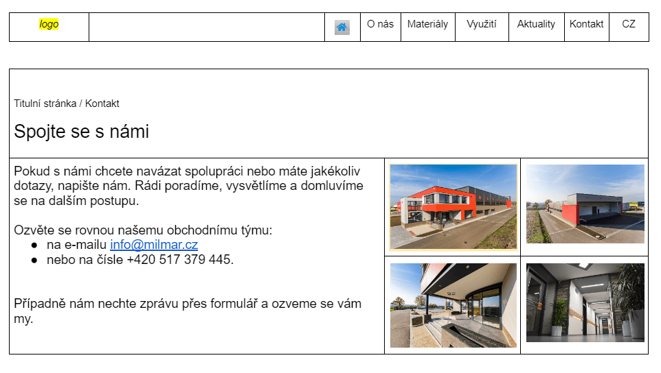 Ukázka wirefrimu kontaktní stránky pro firmu Milmar