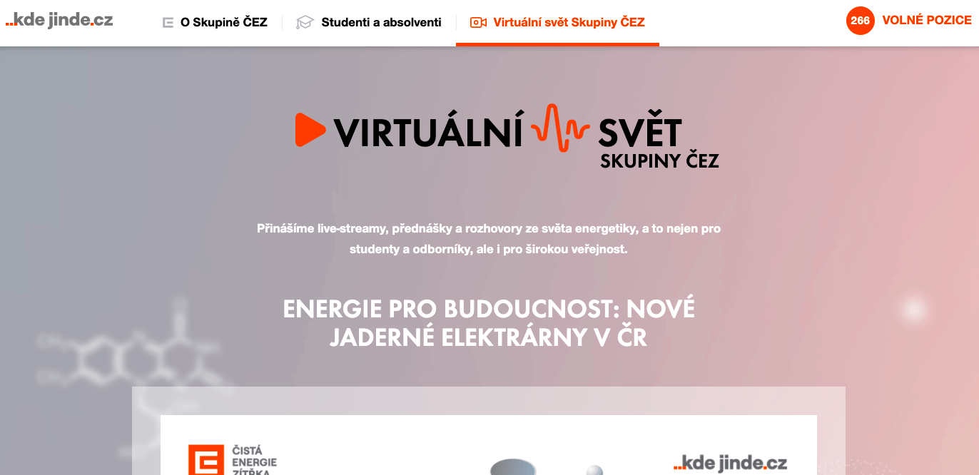 printscreen z webu ČEZ – landing page online vzdělávací platformy Virtuální svět