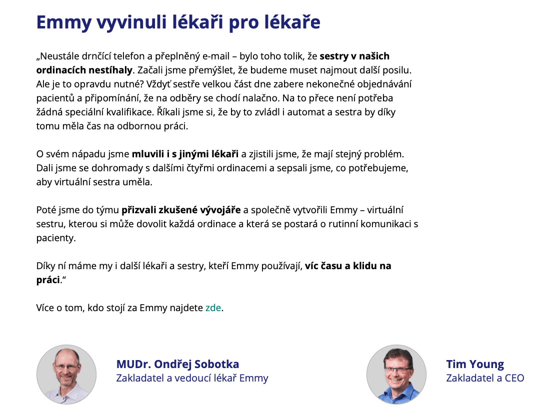 Úryvek z webu sestry Emmy, v němž lékaři vysvětlují, proč virtuální sestra Emmy vznikla