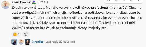 citace z firemního Slacku – projektový manažer z Obsahové agentury shání citaci do článku od profesionálního hasiče
