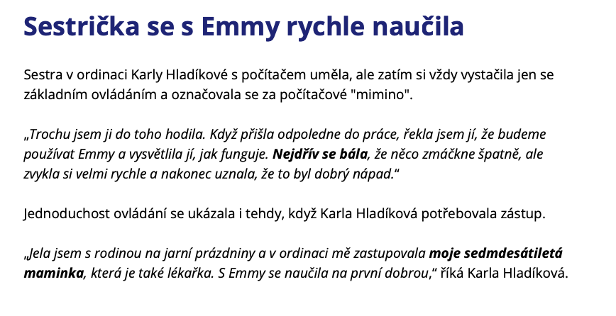 printscreen z webu virtuální sestry Emmy – výpověď lékařky o tom, jak jednoduché je ovládání webové aplikace sestra Emmy