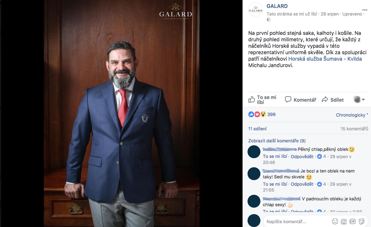 Facebook příspěvek stránky GALARD s fotkou spokojeného klienta v obleku
